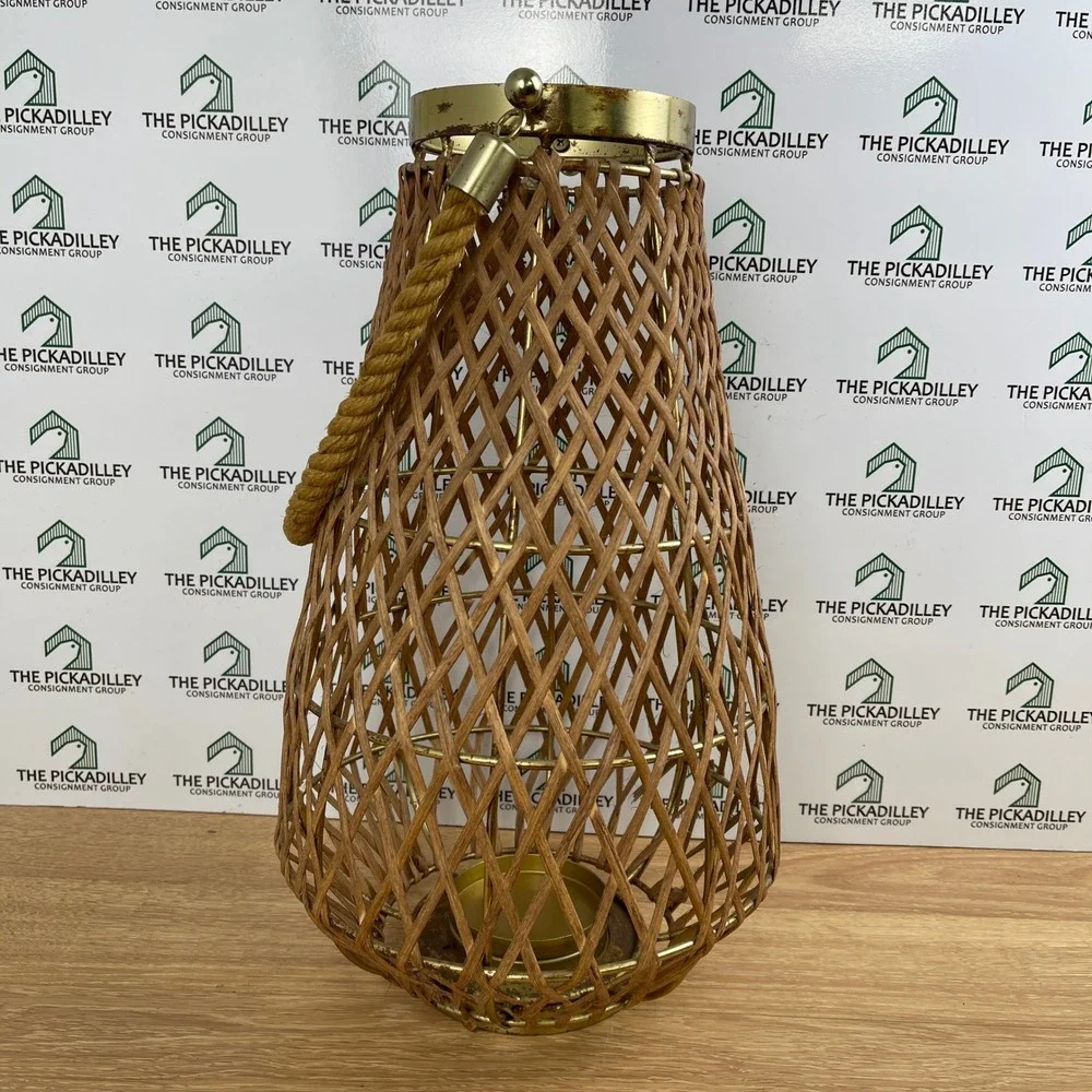 Allen + Roth Woven Rattan Gold Metal Pillar Candle Outdoor Decorative Lantern